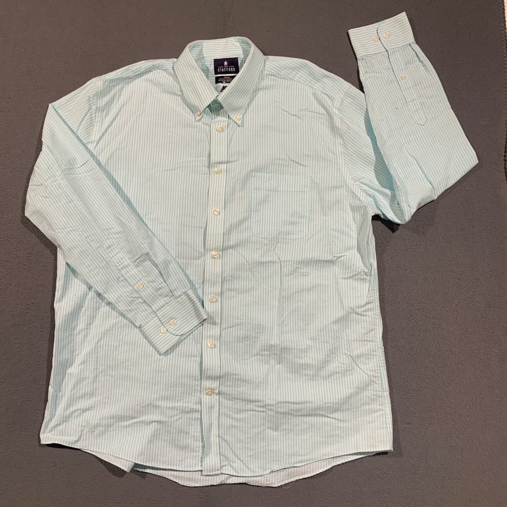 Stafford Dress Shirt Mens 18 36-37 Teal White Striped Wrinkle Free Oxford Fitted